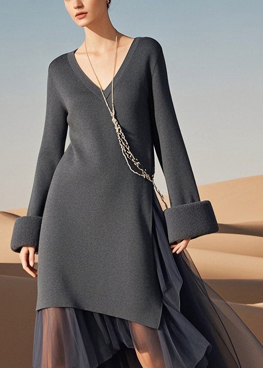 Italian Grey V Neck Tulle Patchwork Knit Sweaters Dress Spring