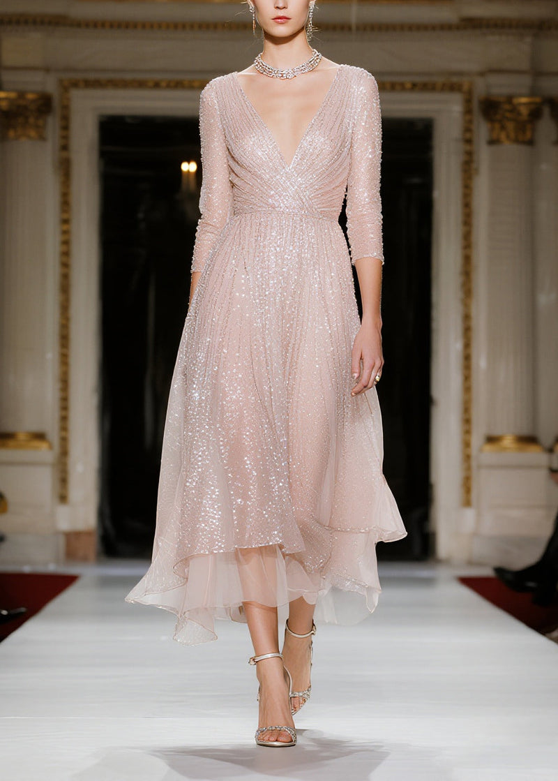 Nude Sequins V Neck Tulle Vacation Dresses Summer