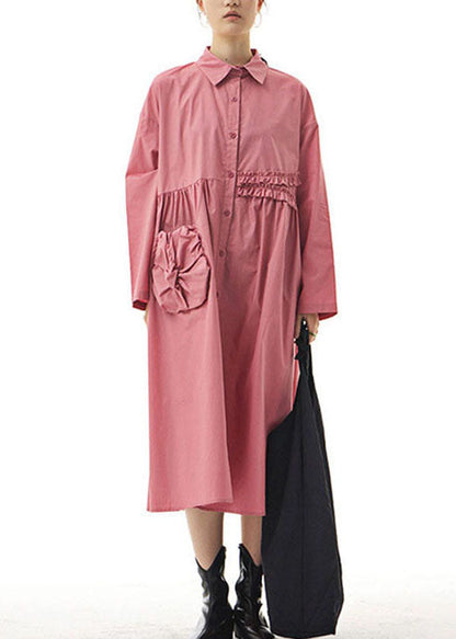 Pink Ruffled Patchwork Cotton Shirts Dresses Spring