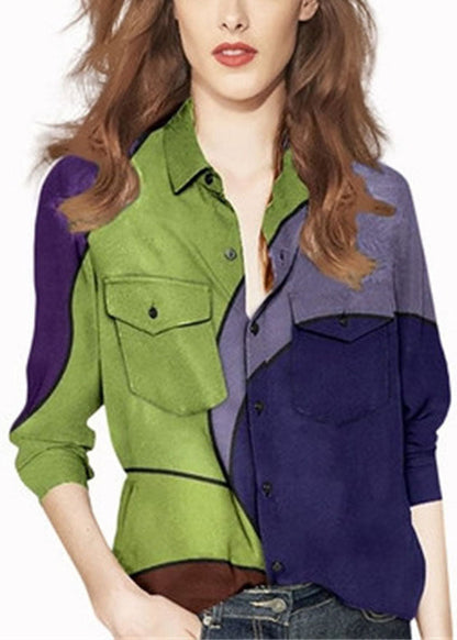 Colorblock Peter Pan Collar Button Pocket Print Shirt Long Sleeve