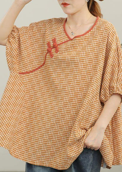 Loose Yellow Plaid Oriental Cotton Summer Tops