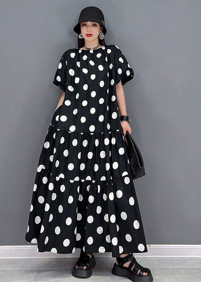 Loose Black O-neck Wrinkled Wear on Both Sides Cotton Long Dress Short Sleeve
