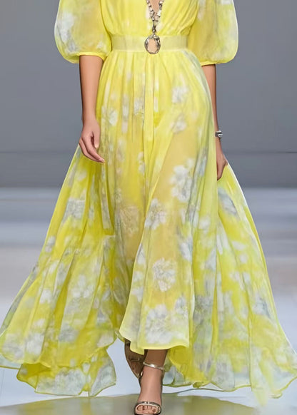 Yellow Cinched Print Chiffon Vacation Dresses Half Sleeve