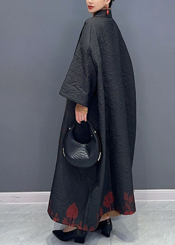 Black Asymmetrical Print Long Trench Coats Long Sleeve Fall