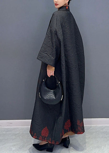 Black Asymmetrical Print Long Trench Coats Long Sleeve Fall
