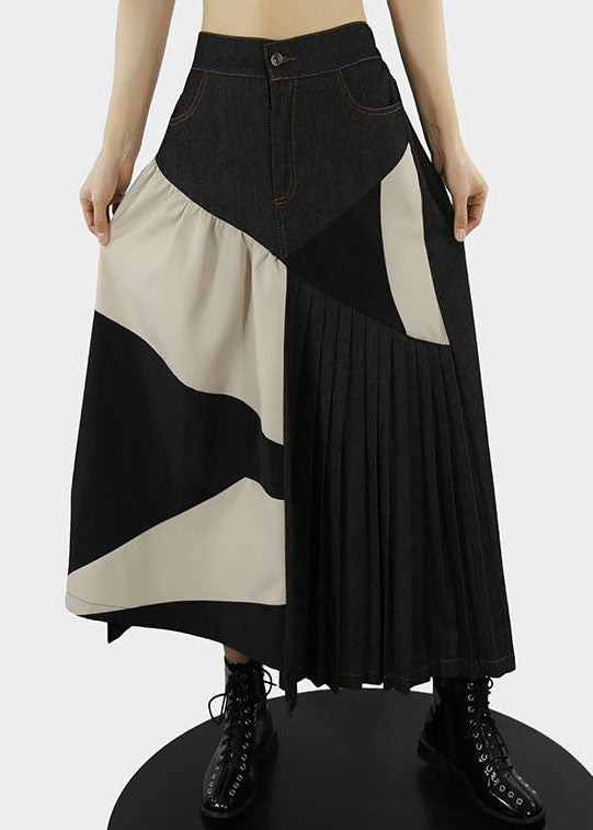 Apricot Elastic Waist Patchwork Pleated Skirts Spring