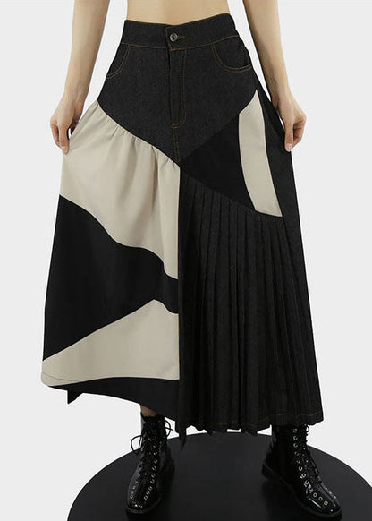 Apricot Elastic Waist Patchwork Pleated Skirts Spring
