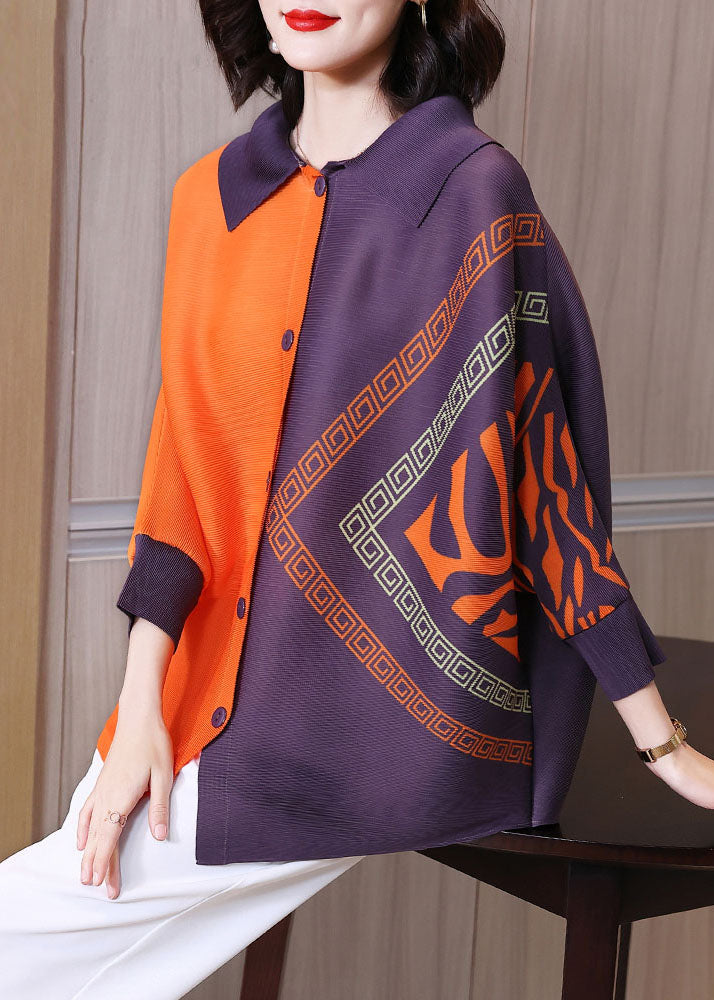 Orange Peter Pan Collar Print Button Shirt Long Sleeve