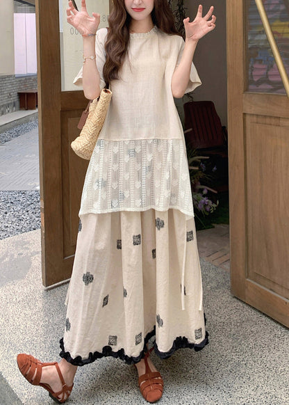 Loose Apricot O Neck Lace T Shirt and Skirts Linen Two Pieces Set Summer