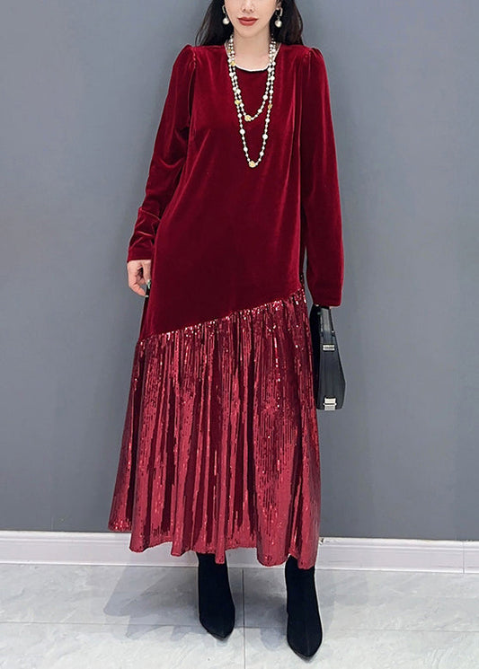 New Red Patchwork Silk Velour Long Dress Long Sleeve