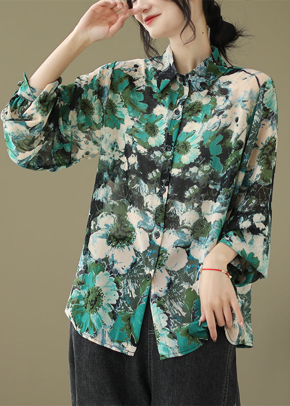 Green Peter Pan Collar Print Cotton Shirt Tops Fall