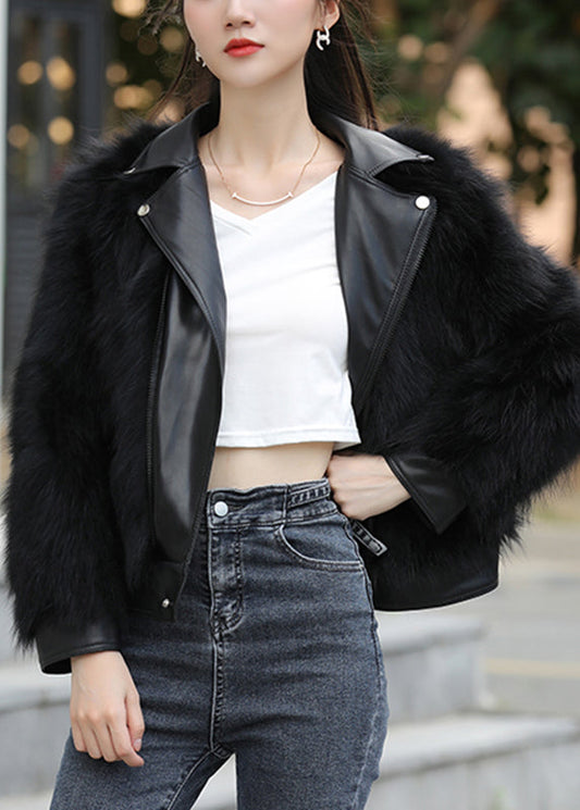 Black Notched Zippered Leather and Fur Coats Winter