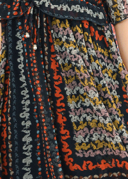Navy V Neck Print Chiffon Maxi Dress and Slip Dress Two Pieces Set Half Sleeve