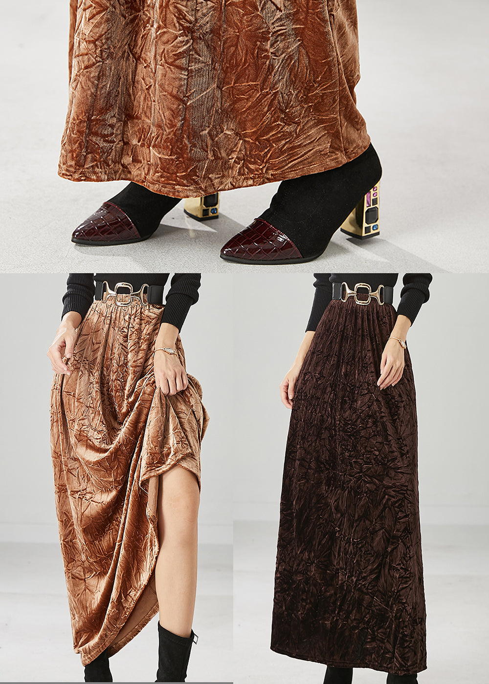 Khaki Elastic Waist Wrinkled Silk Velour Skirt Fall