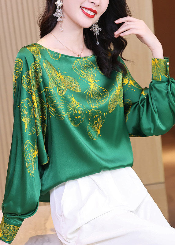 Green O-neck Butterfly Print Silk Blouse Tops Long Sleeve