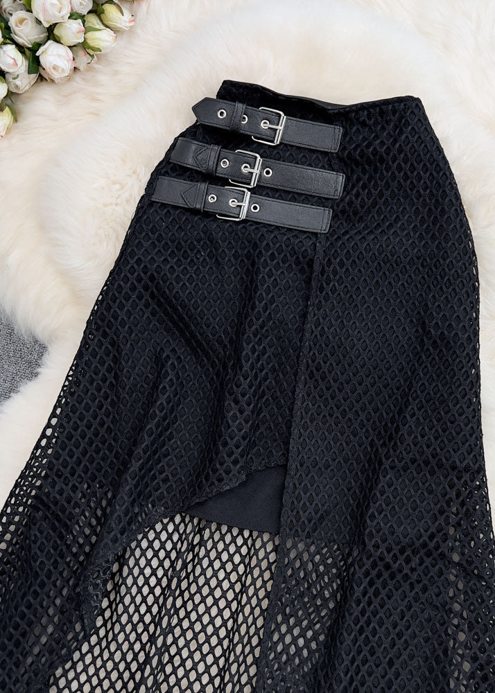 Black Asymmetrical High Waist Patchwork Tulle Skirt Summer