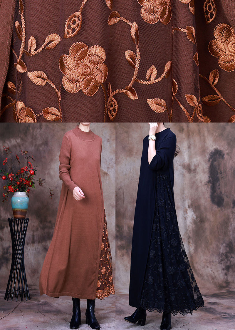Diy Chocolate Knit Patchwork Lace Embroideried Fall Dress
