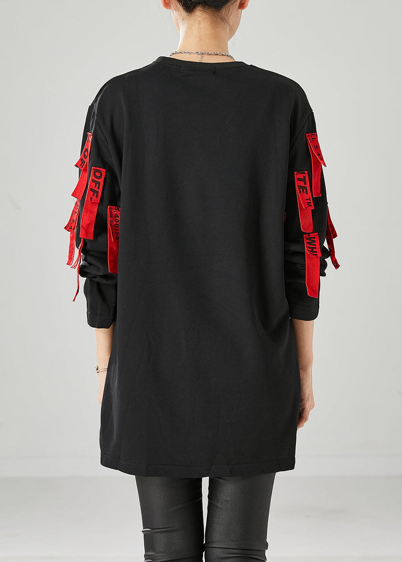 Unique Black Oversized Applique Cotton Pullover Fall