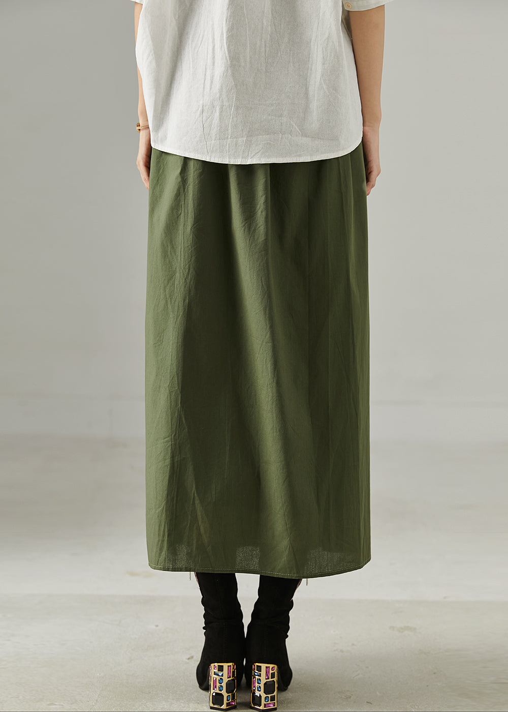 Green Patchwork Cotton a Line Skirt Elastic Waist Fall