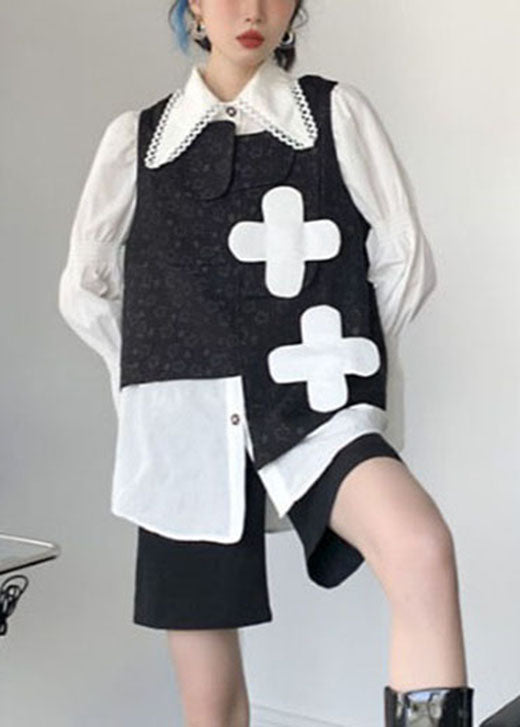Black Print Asymmetrical Design Fall Vest