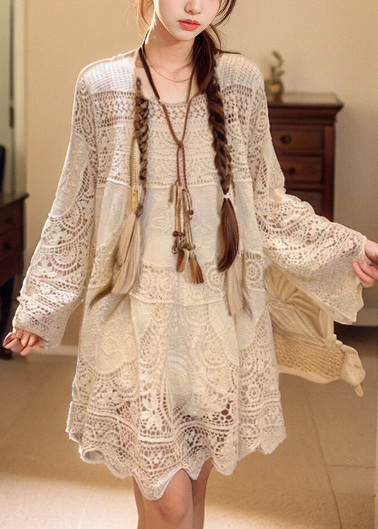 French Beige Hollow Out Lace Mid Dress Spring