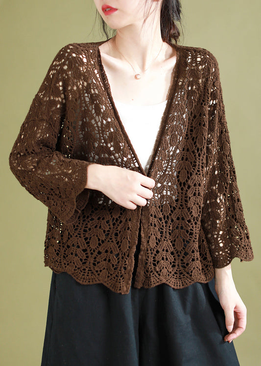 Chocolate V Neck Hollow Out Knitting Cotton Cardigans Summer
