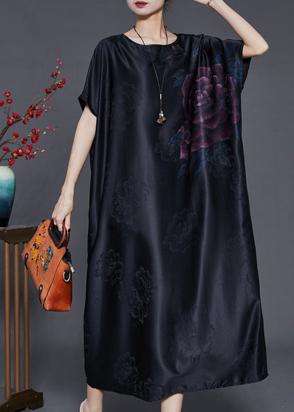 Black Oversized Jacquard Silk Long Dress Summer