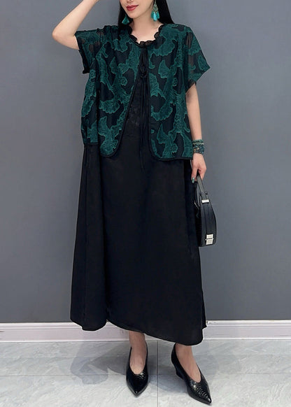 Handmade Green O-neck Print Fake Two Pieces Long Dress Summer