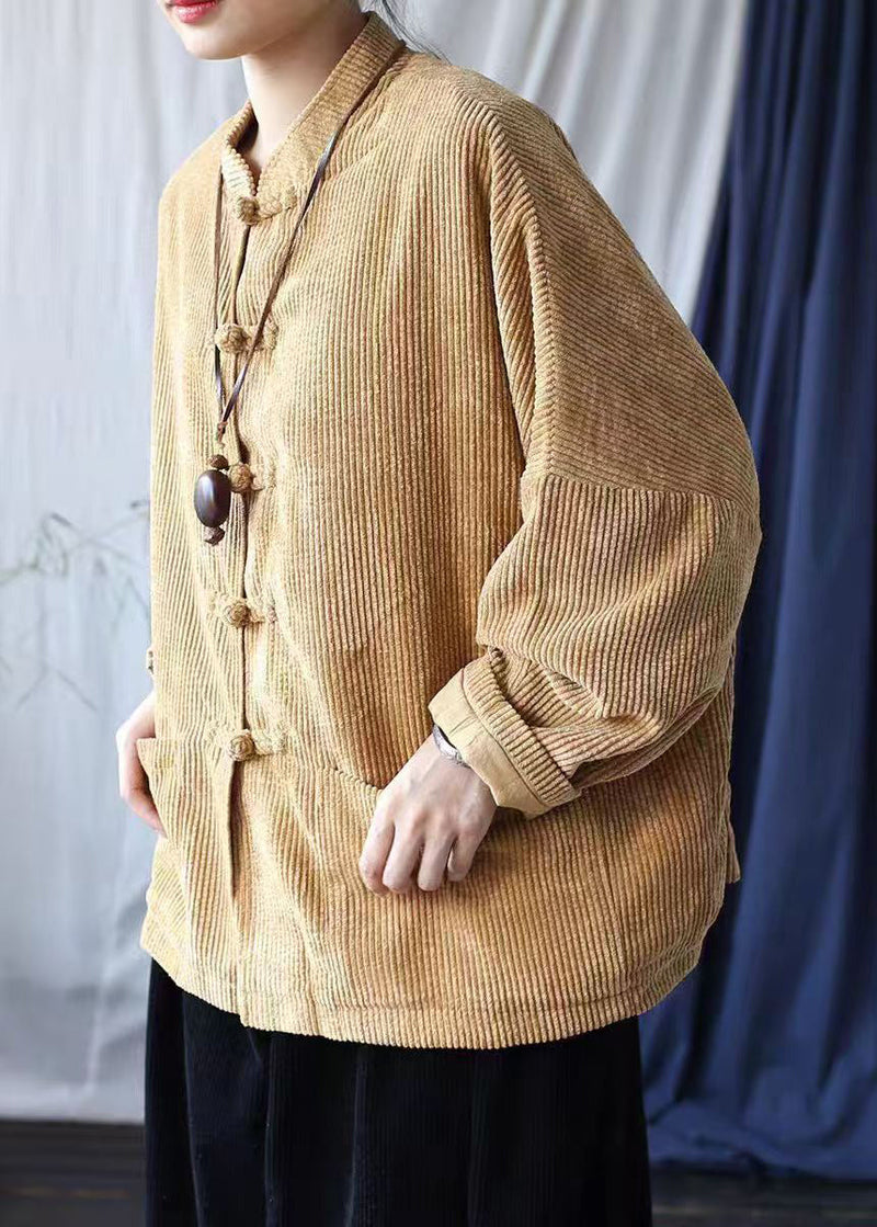 Khaki Pockets Retro Corduroy Coat Oriental Button Spring