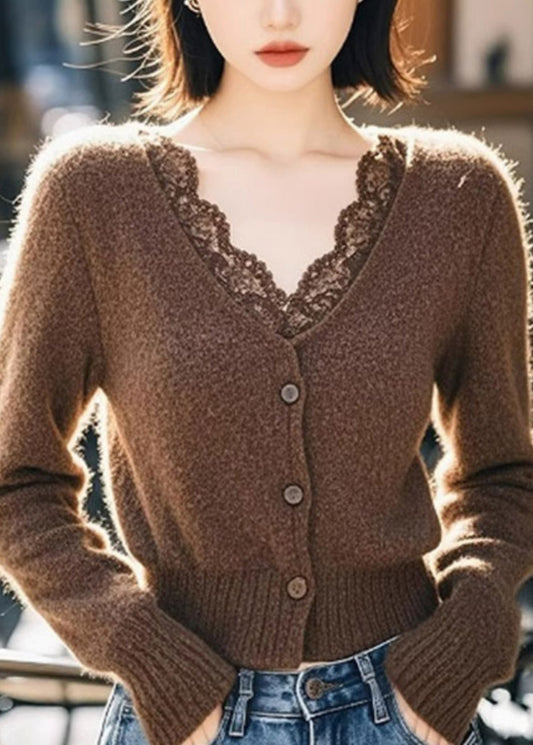 Coffee V Neck Lace Patchwork Cotton Knit Cardigan Spring