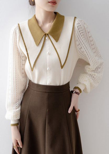 Diy Beige Double-layer Nail Bead Knit Sweater Winter