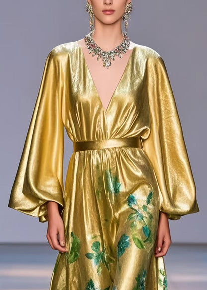 Golden Cinched Print Silk Party Dress Lantern Sleeve Spring