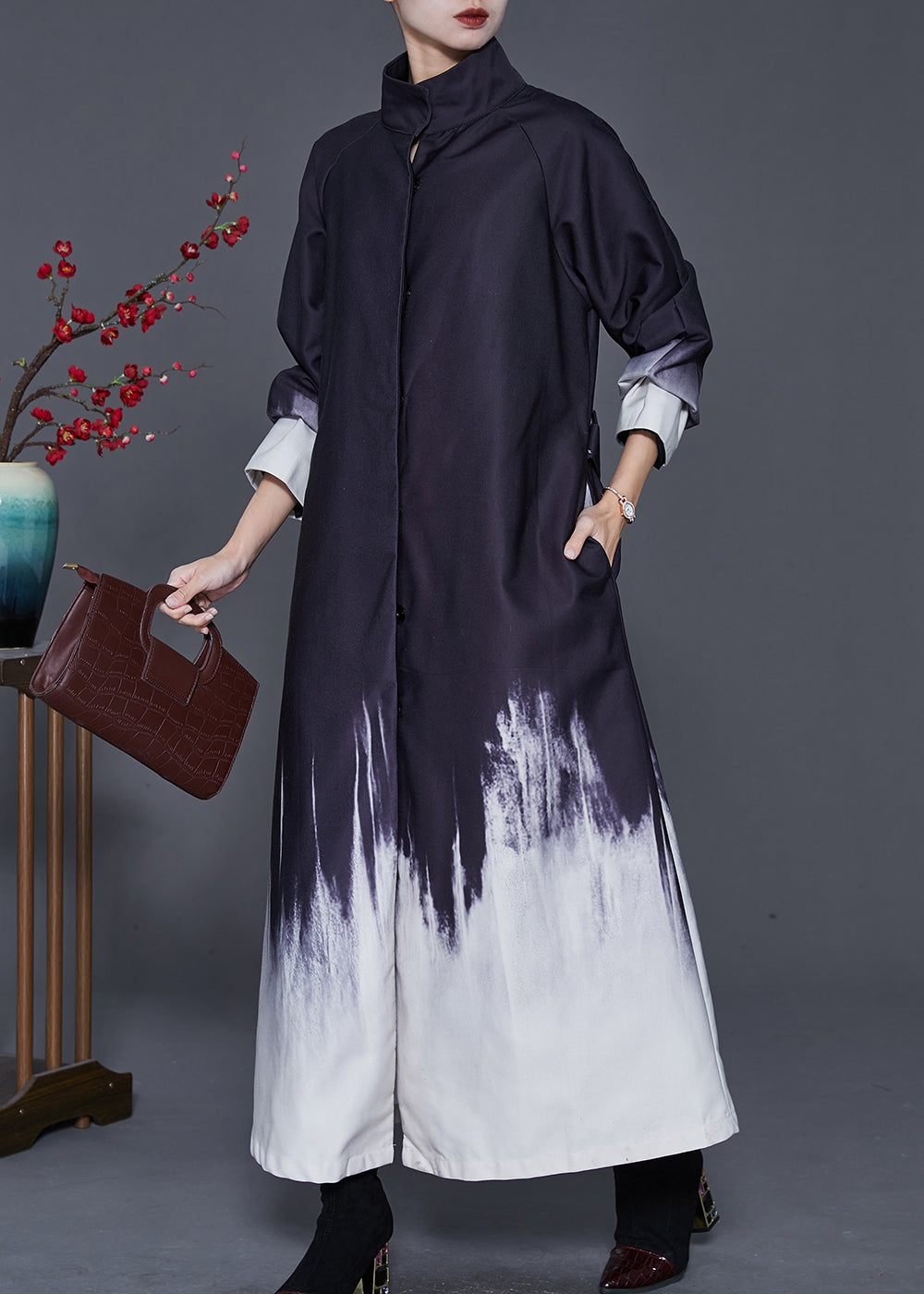 Black Oversized Tie Dye Cotton Trench Coat Spring