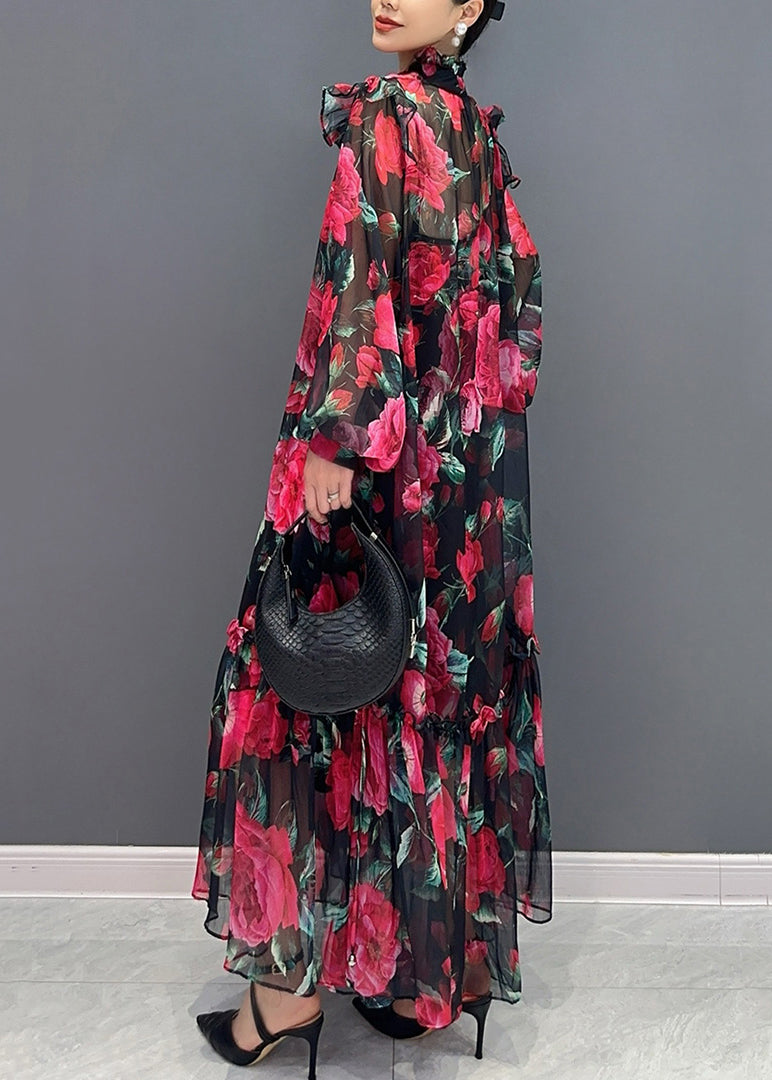Red Print Lace Up Chiffon Long Dress Lantern Sleeve