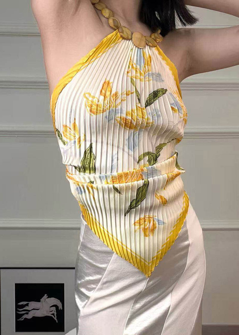 Slim Fit Yellow Print Wrinkled Backless Scarves Tops Sleeveless