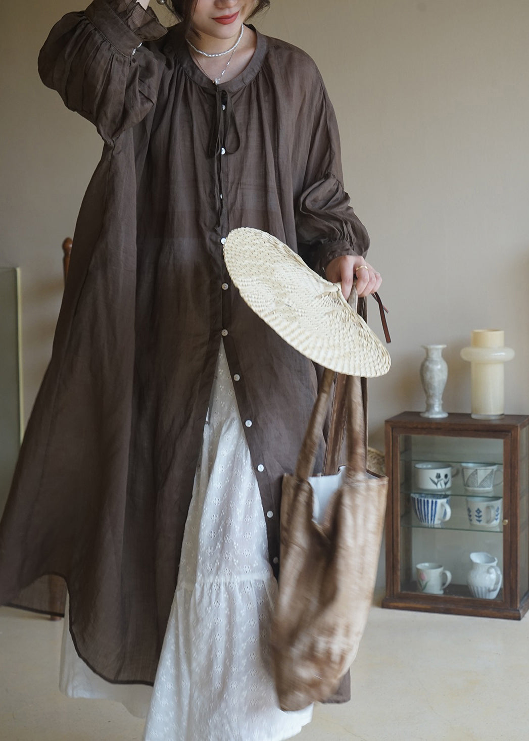 Coffee Ruffled Button Cotton Shirt Long Dresses Long Sleeve