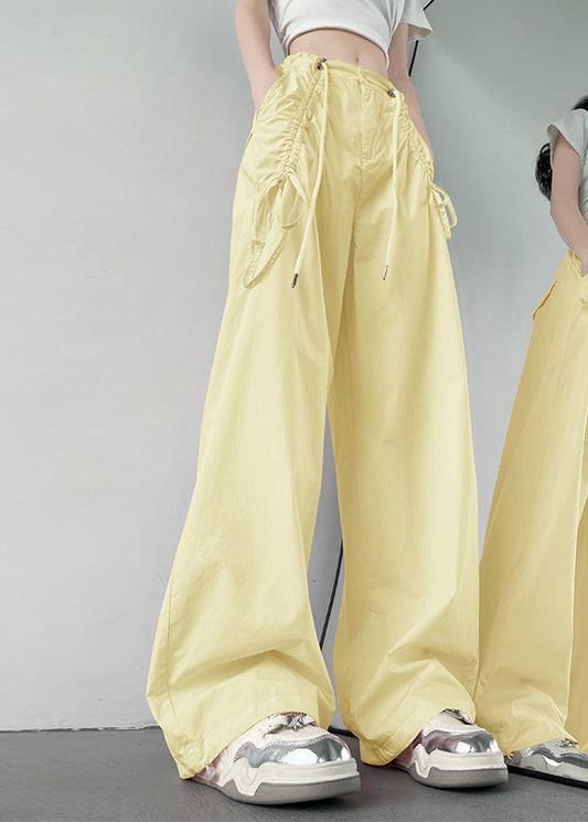 New Yellow Pockets Drawstring High Waist Cotton Pants Spring