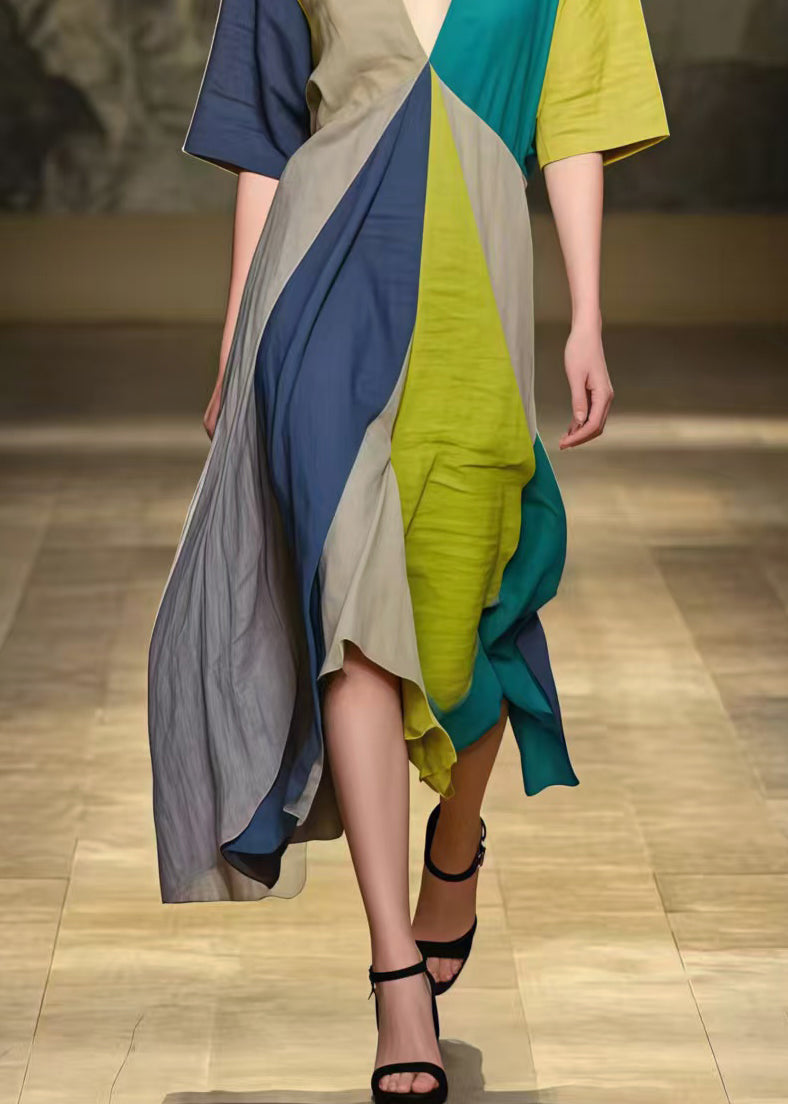 Multicolour Patchwork Cotton Dress Asymmetrical Exra Large Hem Summer