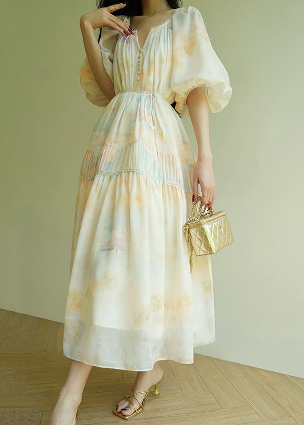 Wrinkled Print Tie Waist Cotton Long Dress Summer