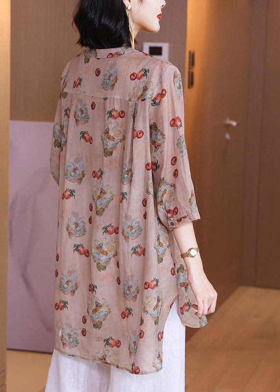 Art Brick Red O-neck Print Button Low High Design Side Open Linen Shirt Long Sleeve