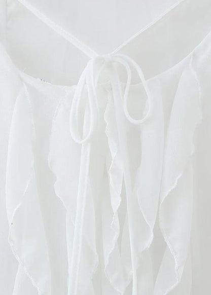 White Ruffled Backless Lace Up Chiffon Maxi Dress Sleeveless