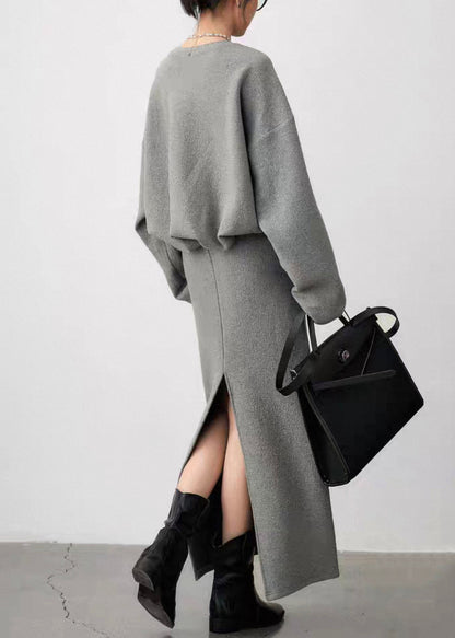 Grey O Neck Side Open Sweatshirt and Skirts Cotton Two Pieces Set Fall