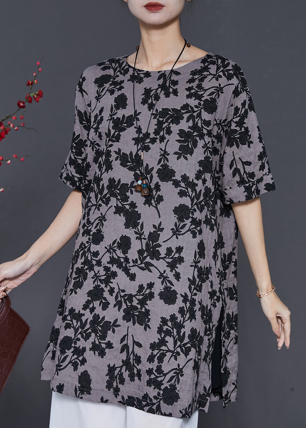 Grey Print Side Open Linen Long Tops Summer