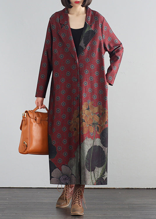 Red V Neck Print Button Maxi Trench Coats Fall