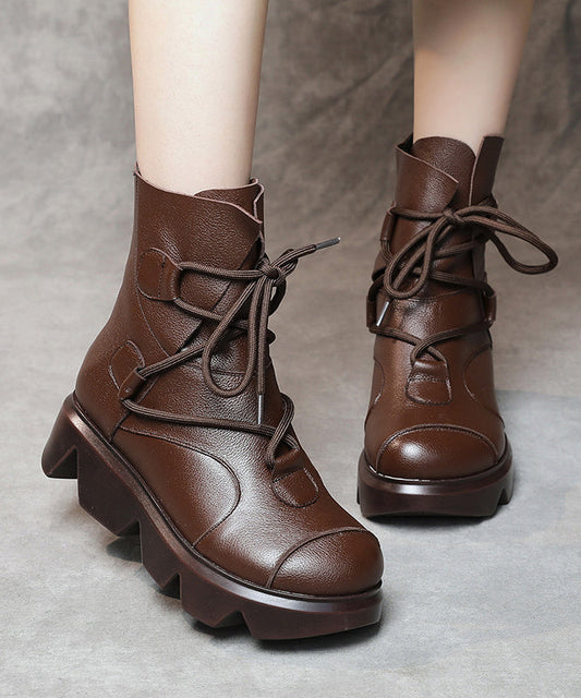 Lace Up Splicing Platform Boots Dark Brown Cowhide Leather Fuzzy Wool Lined