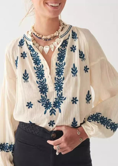 New Beige Embroidered Puff Sleeve Cotton Shirt Top