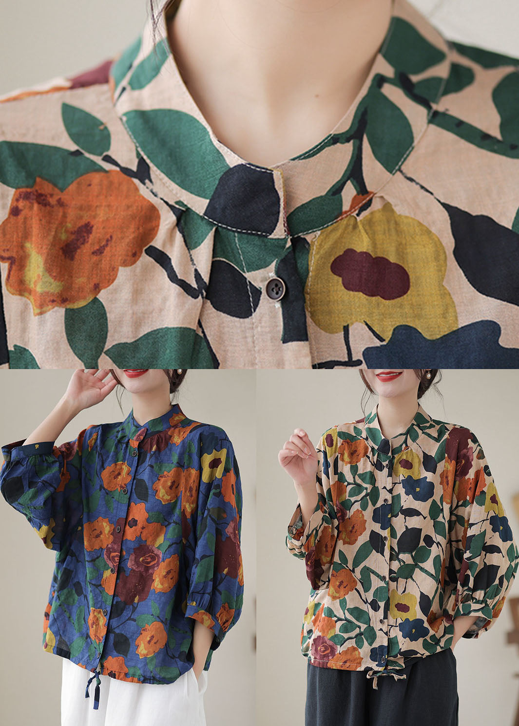 Apricot Stand Collar Print Cotton Shirts Long Sleeve