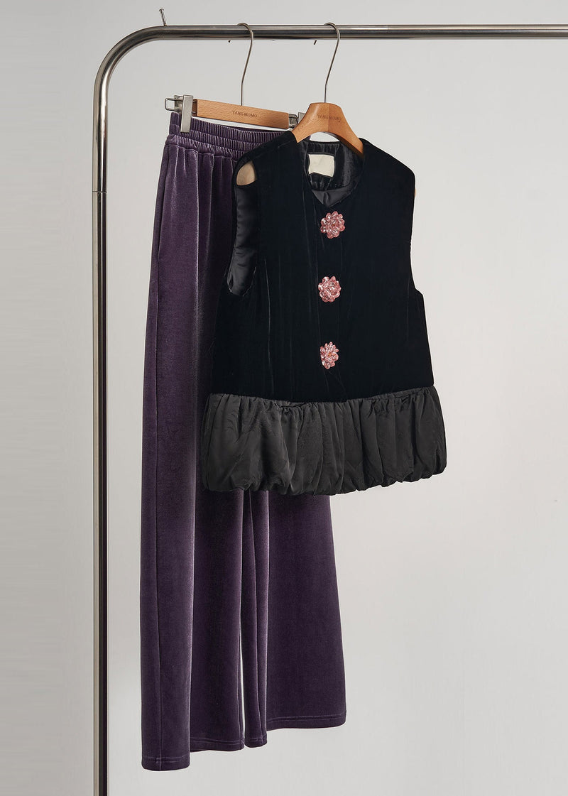 Modern Black Flower Decorated Patchwork Silk Velvet Vests Sleeveless