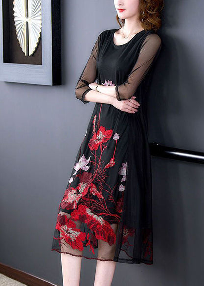 Stylish Black O-neck Embroideried Tulle a Line Dress Bracelet Sleeve