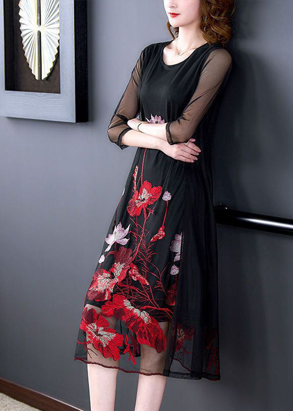 Stylish Black O-neck Embroideried Tulle a Line Dress Bracelet Sleeve